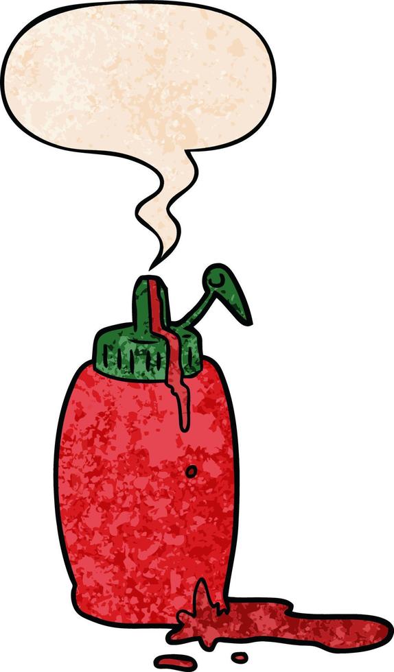 Cartoon-Tomaten-Ketchup-Flasche und Sprechblase im Retro-Textur-Stil vektor