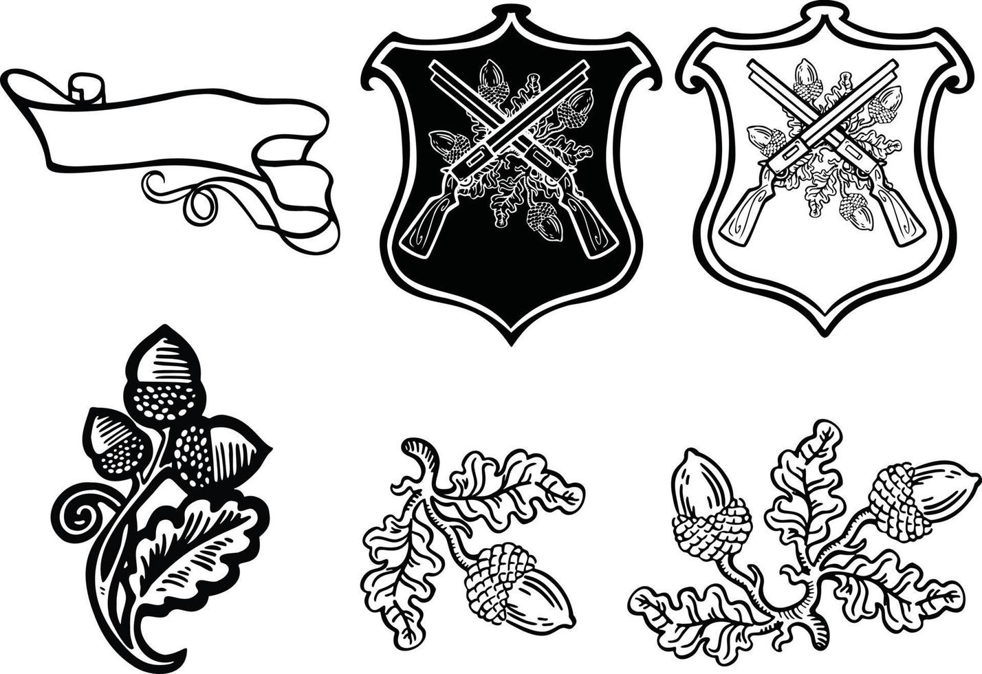 svart och vit linjär tecken, beteckning uppsättning heraldik, hand dragen illustration vektor