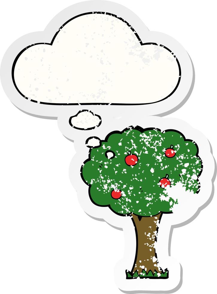 Cartoon-Apfelbaum und Gedankenblase als beunruhigter, abgenutzter Aufkleber vektor