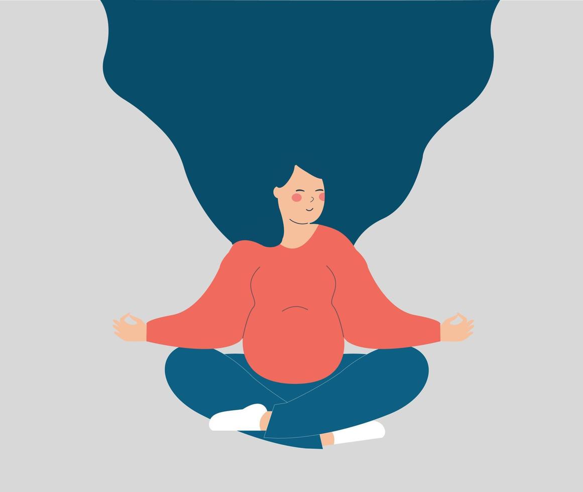 gravid praxis yoga, sitter med lotus placera och mediterar. ung kvinna förväntar sig en bebis, Sammanträde med korsa legged och framställning andas övningar. respiratorisk systemet och hälsa välbefinnande vård. vektor