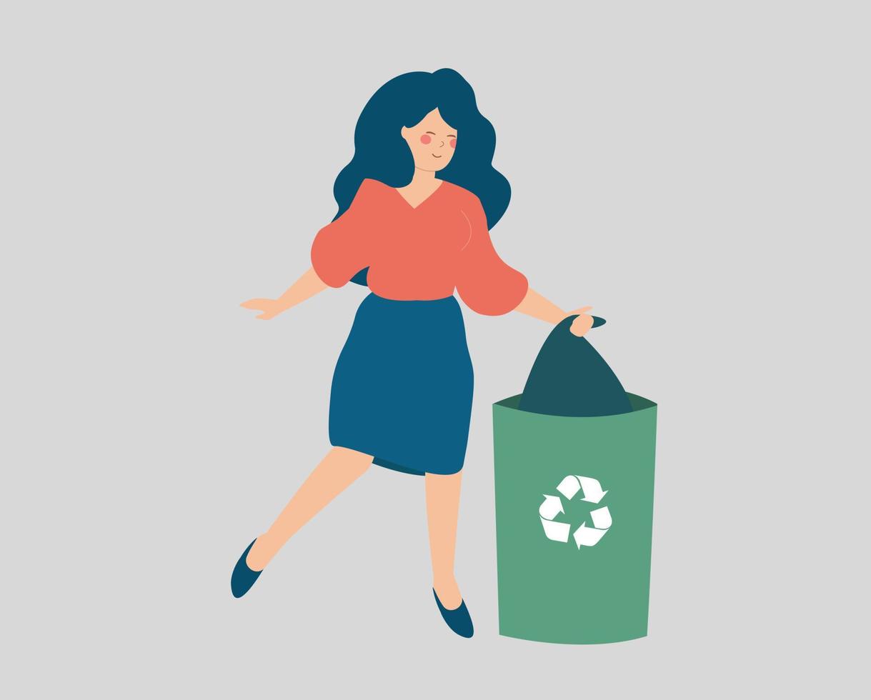 Lycklig ung kvinna kastar bort skräp, sopor eller skräp in i skräp bin med en återvinning symbol. grön ekologi, miljö skydd och jord dag begrepp. vektor illustration.