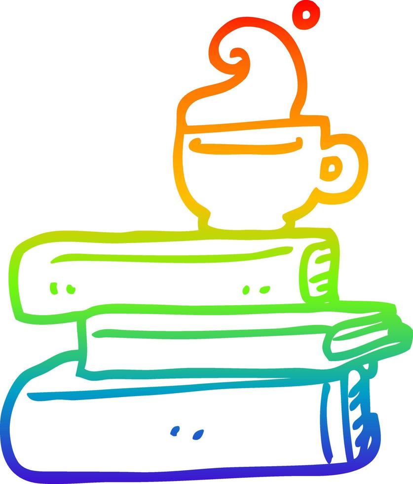 regnbåge lutning linje teckning tecknad serie böcker och kopp av kaffe vektor