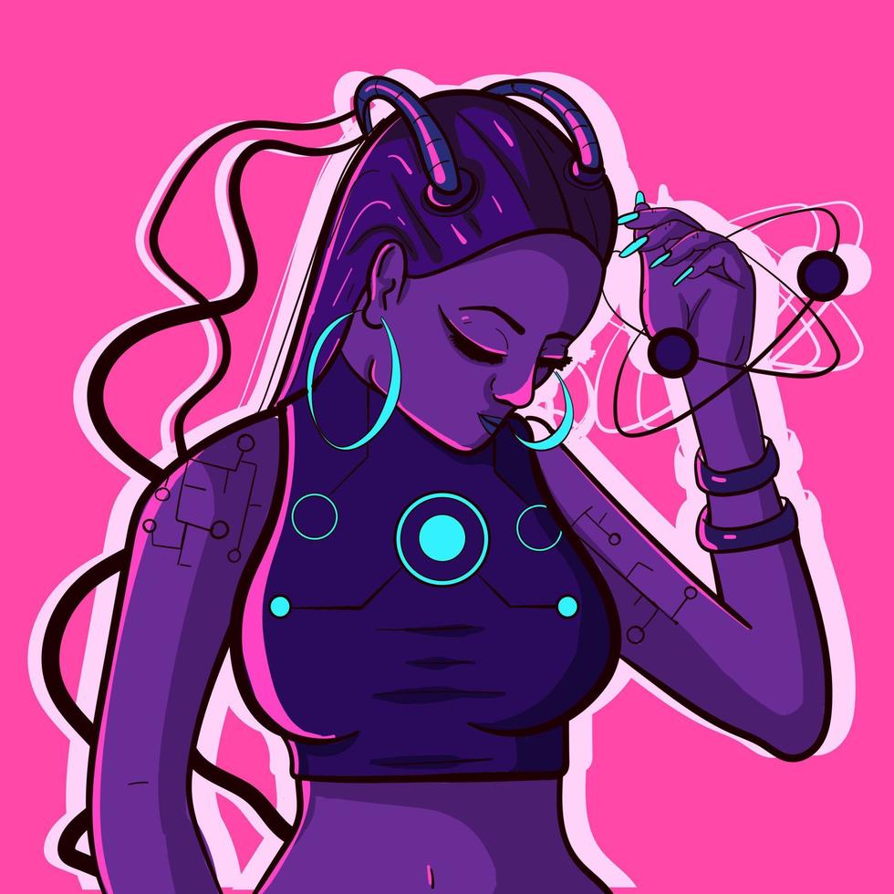 Ultraviolette Konzeptkunst einer Roboter-Cyberfrau aus der Zukunft mit Chips und technologischer Ausrüstung. futuristisches mädchen mit kabeln und lila haaren, die eine rüstung tragen vektor