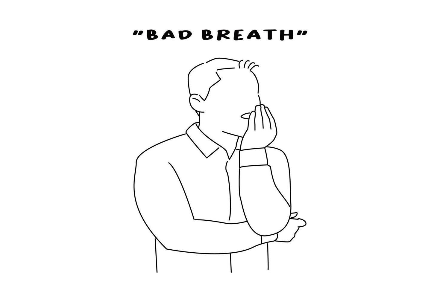 Illustration eines Geschäftsmannes, der Mundgeruch überprüft und sich mit Mundgeruch befasst. Linienkunststil vektor
