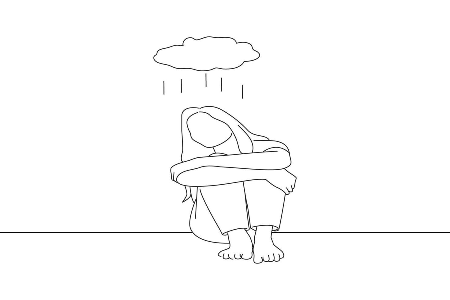 illustration von panikattacken junges mädchen traurige angst stressig depressiv emotional weinen gebrauch hände bedecken. Einzeiliger Zeichenstil vektor