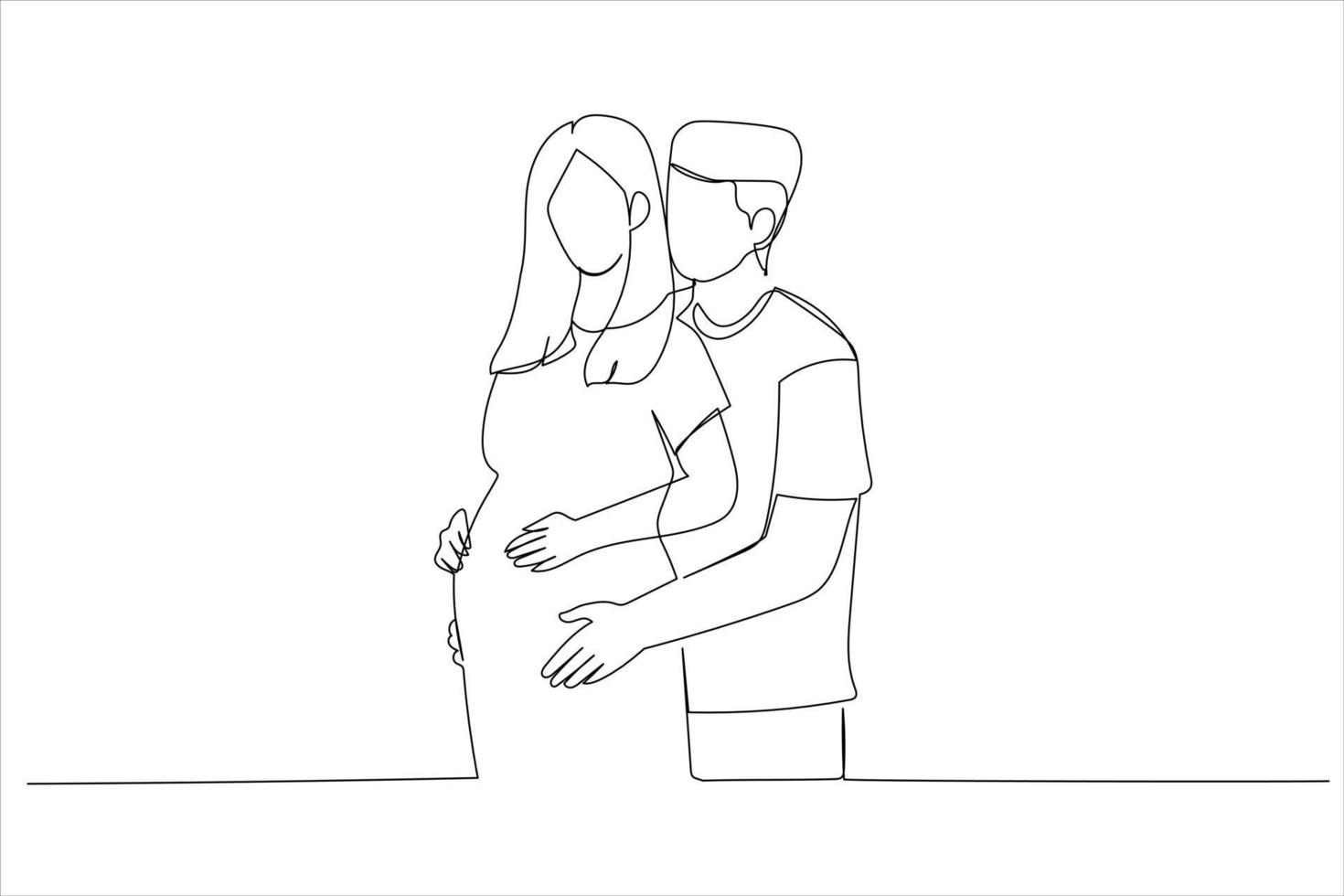 tecknad serie av Lycklig familj förväntar sig bebis. enda kontinuerlig linje konst stil vektor
