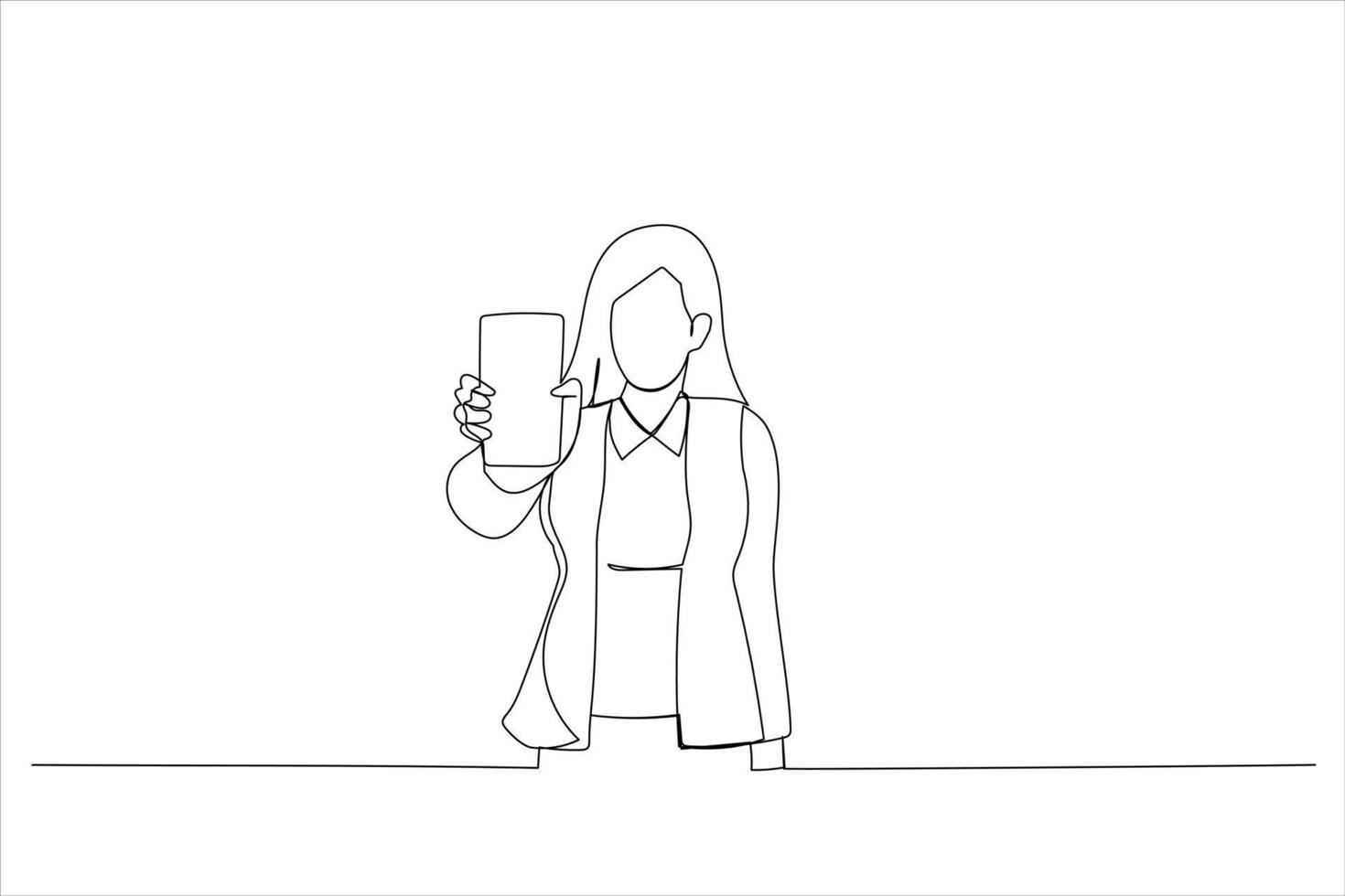 Illustration einer jungen Frau, die ein Smartphone hält und der Kamera ein Gadget zeigt. einzeiliger Kunststil vektor