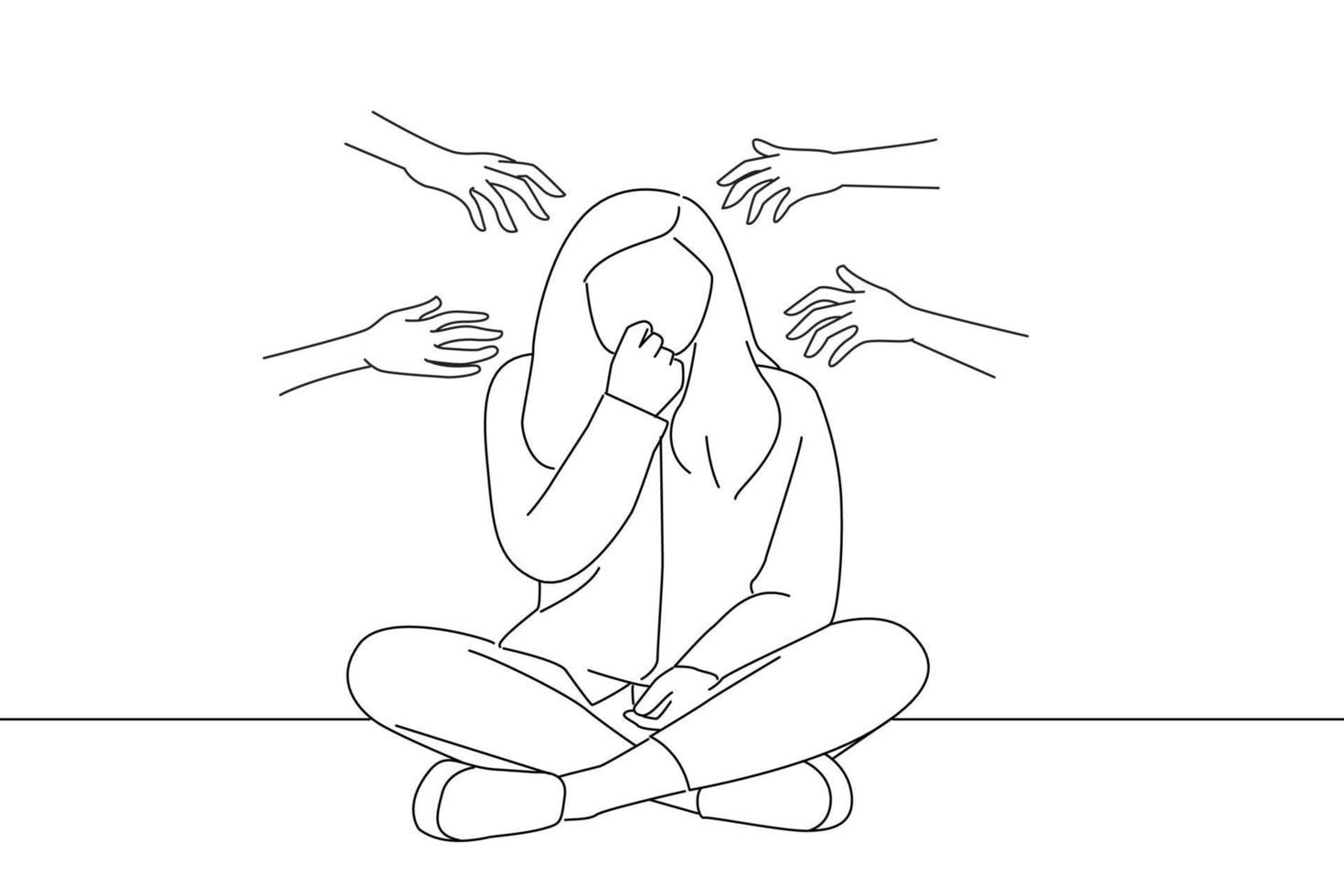 illustration einer frau, die gegen eine mauer sitzt und nägel beißt, nervös und sehr ängstlich und ängstlich für die zukunft, fühlt panik und stress. Linienkunststil vektor