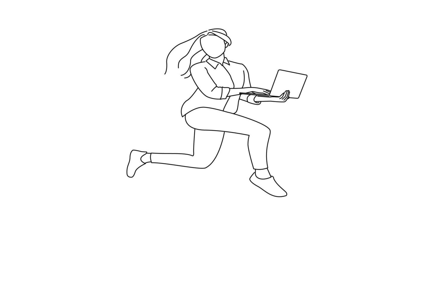 Zeichnung der jungen Geschäftsfrau, die glücklich aufspringt, lauft, hält Laptop, isoliert auf weißem Hintergrund. Umrisszeichnungsstil Kunst vektor