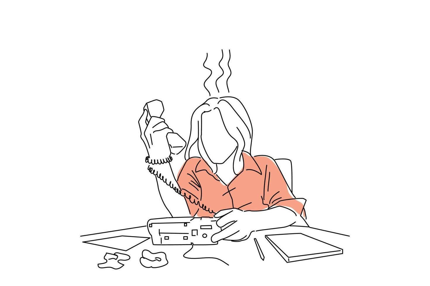 tecknad serie av arg kvinna skrikande på en kontor telefon, olycklig med kund service. enda kontinuerlig linje konst stil vektor