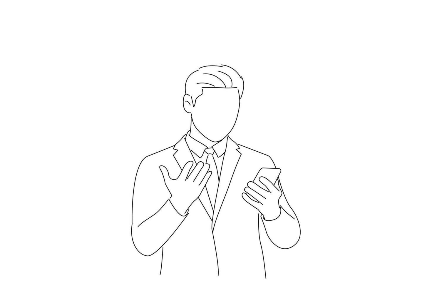 illustration eines frustrierten geschäftsmannes, der auf das telefon schaut, der mann hat schlechte nachrichten. Umrisszeichnungsstil Kunst vektor