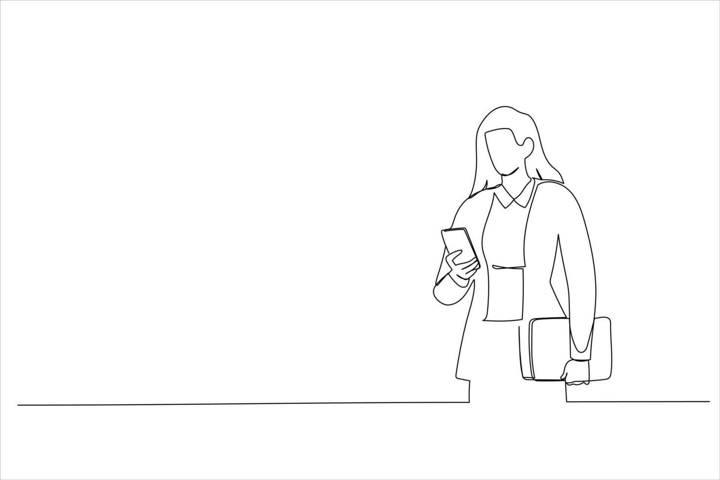Zeichnung einer jungen Geschäftsfrau, die seinen Laptop hält, während sie sein Telefon benutzt und auf der Straße steht. Einzeiliger Kunststil vektor