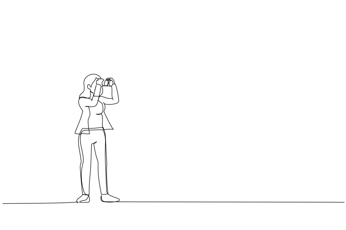 tecknad serie av affärskvinna ser genom binokulär. karriär riktning eller arbete prestation begrepp. kontinuerlig linje konst vektor
