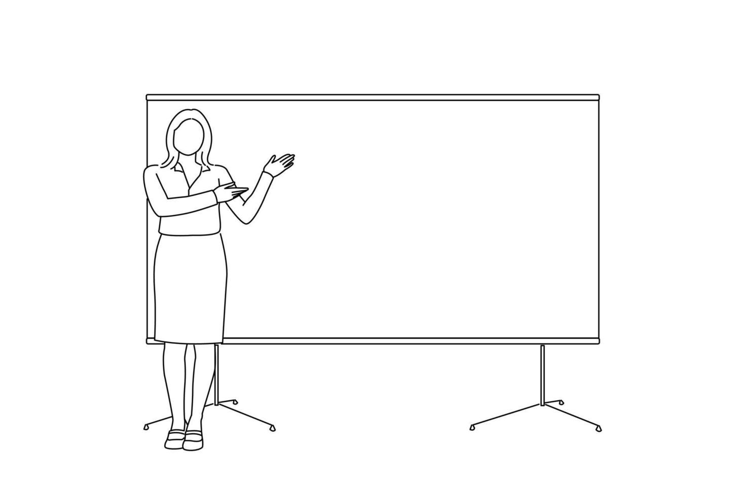 Illustration der jungen Geschäftsfrau, die ein Whiteboard copyspace lokalisiert auf weißem Hintergrund darstellt. Linienkunststil vektor