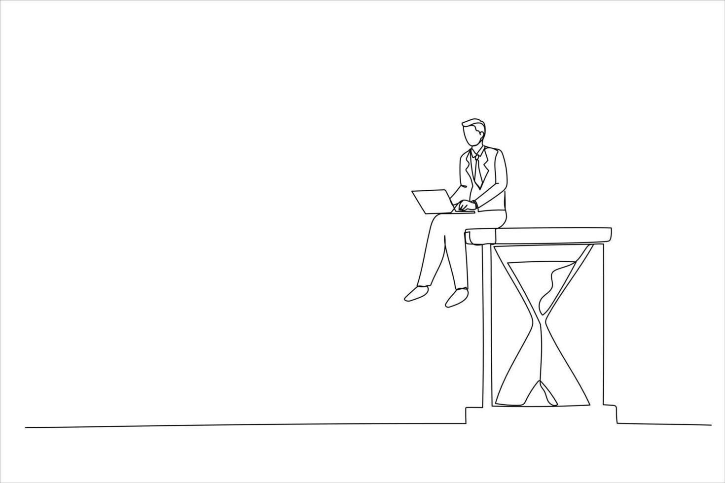 Illustration eines Geschäftsmannes, der mit gekreuzten Laptopbeinen auf der Sanduhr sitzt. zeitmanagement- und aufschubkonzept. Kunst im Stil einer Linie vektor