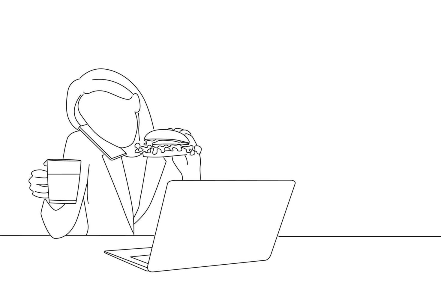 teckning av upptagen kvinna talande på de telefon medan har burger och kaffe för lunch. en linje konst teckning stil vektor