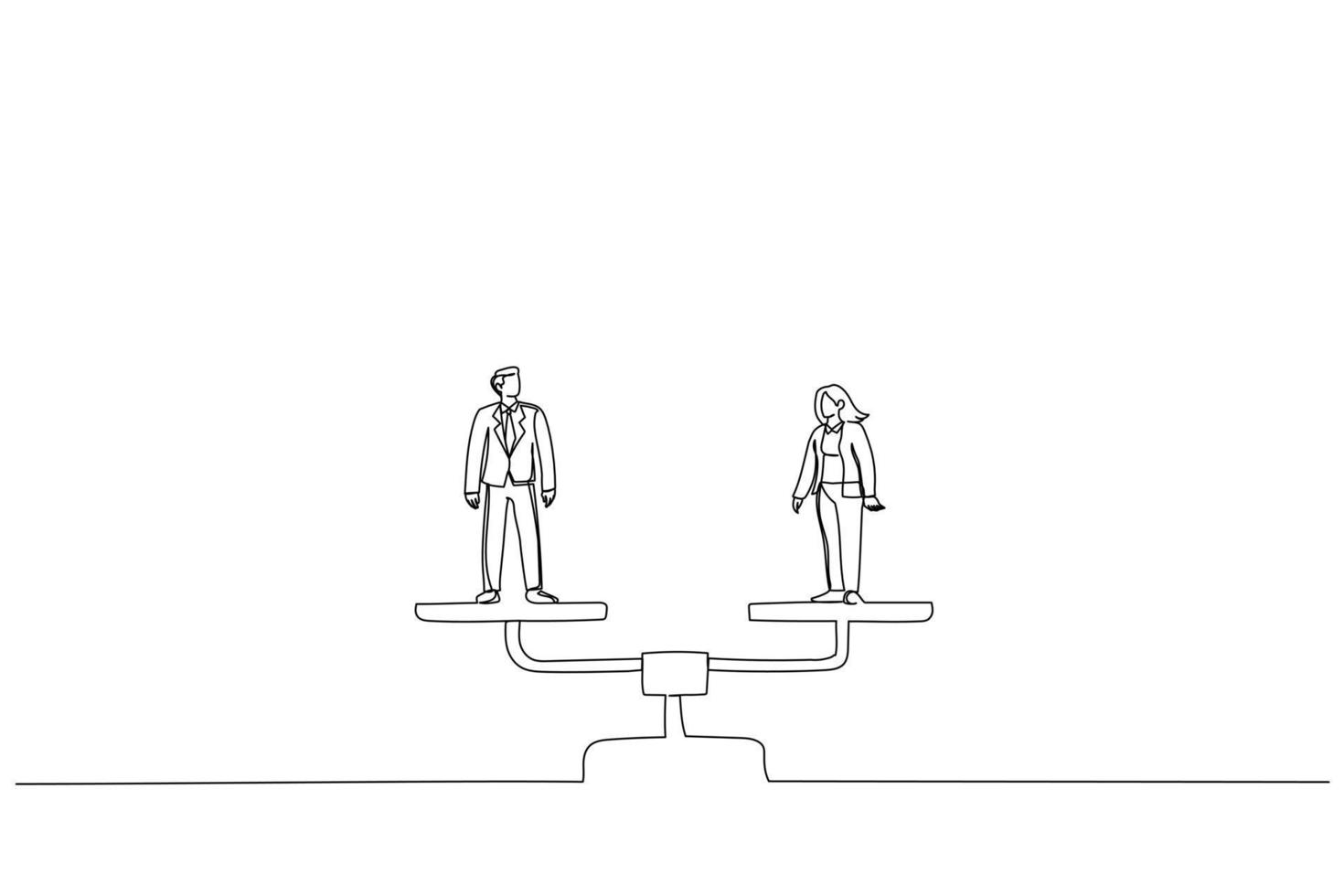 teckning av företag man och kvinna stående på balans vågar. kön jämlikhet liknelse. enda linje konst stil vektor