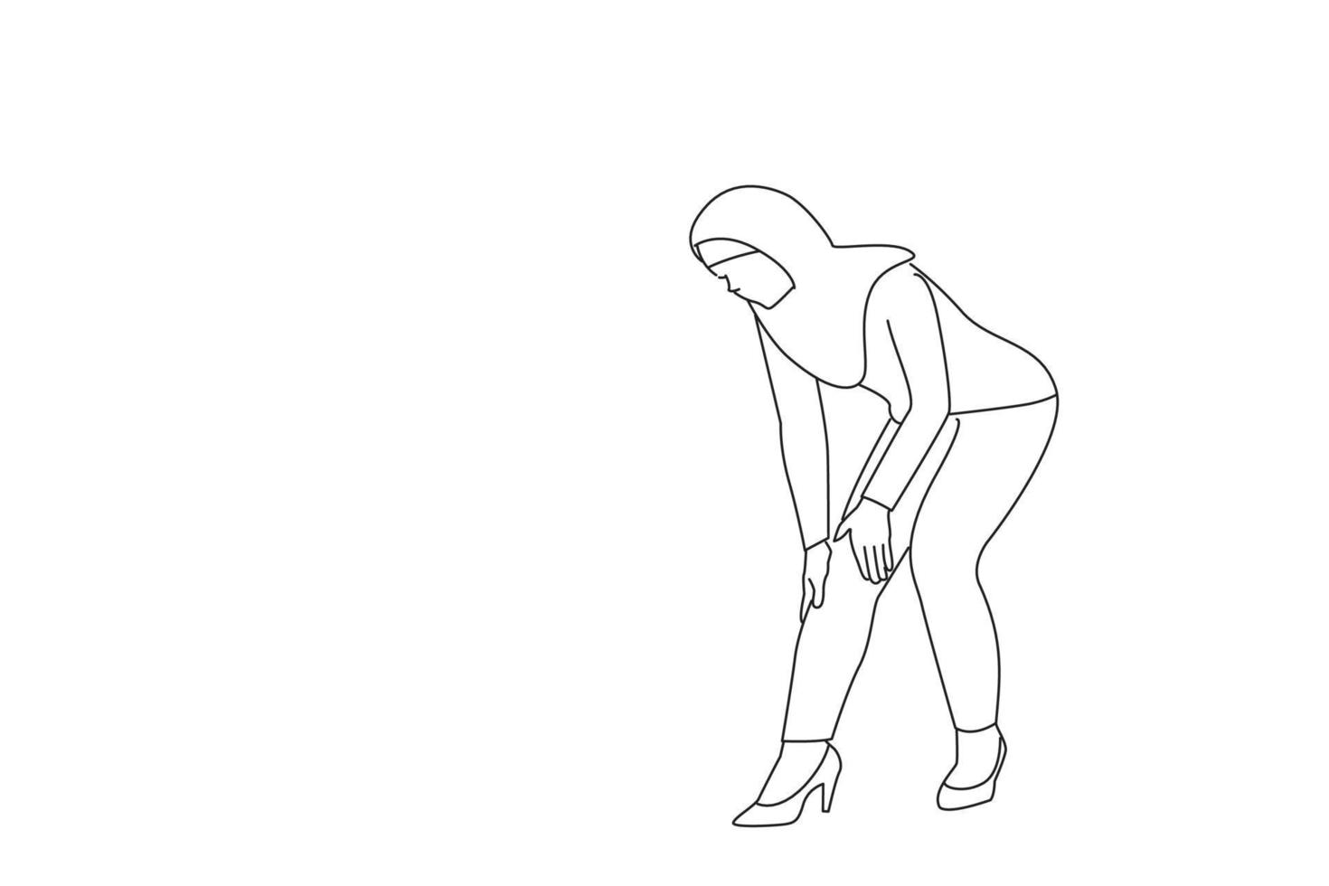 karikatur einer asiatischen muslimischen geschäftsfrau mit knieproblemen. Kunststil mit einer durchgehenden Linie vektor
