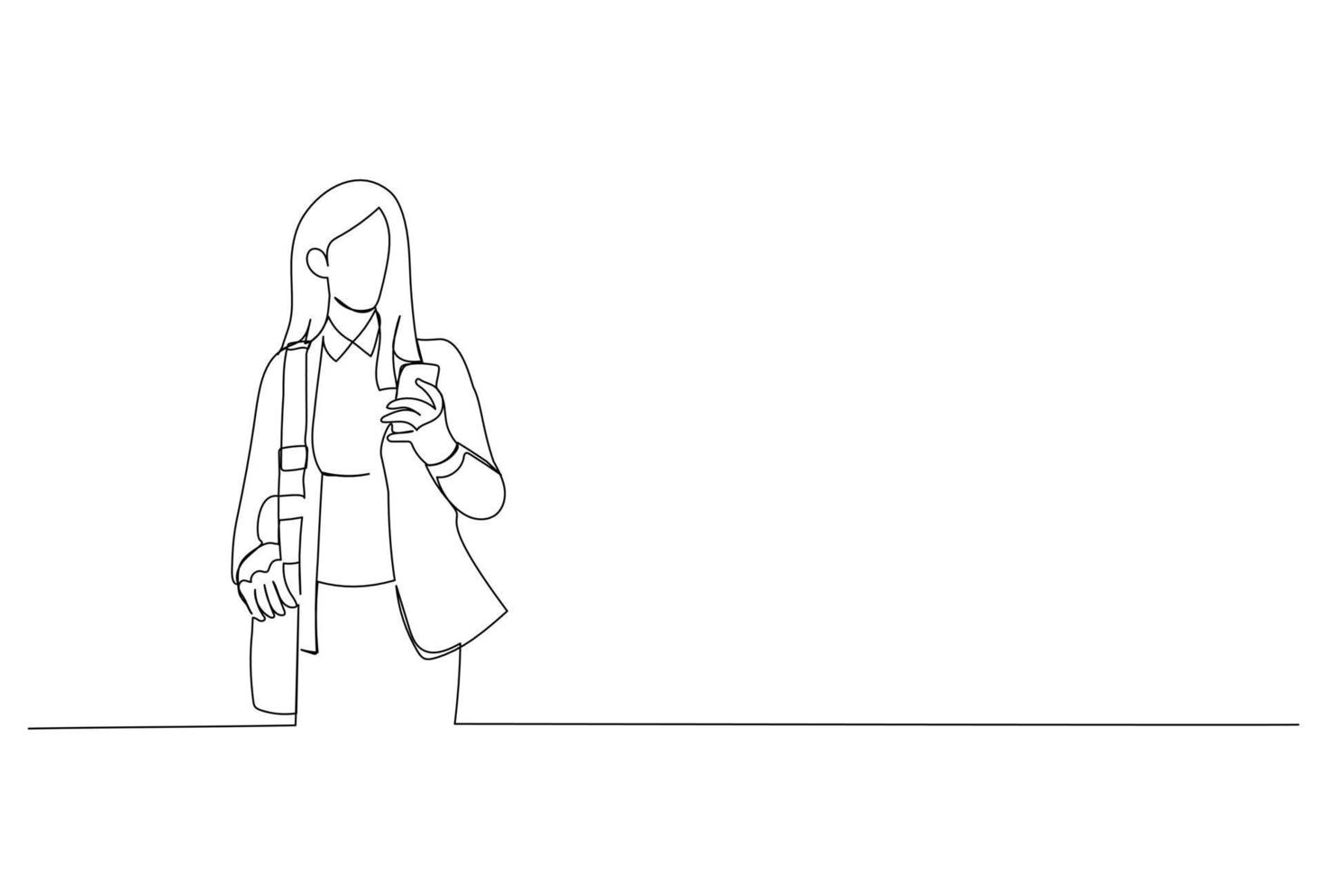 tecknad serie av ung affärskvinna ser på meddelanden på mobiltelefon medan gående i de gata i stadens centrum. kontinuerlig linje konst stil vektor