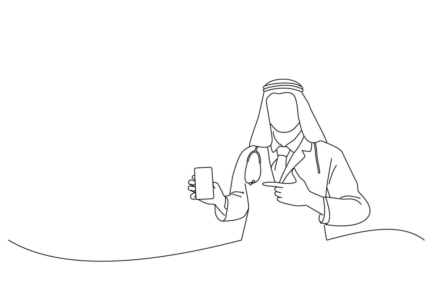 karikatur eines arabischen arztmannes, der einen leeren bildschirm des handys zeigt, der mit dem finger auf das smartphone zeigt. Einzeiliger Zeichenstil vektor