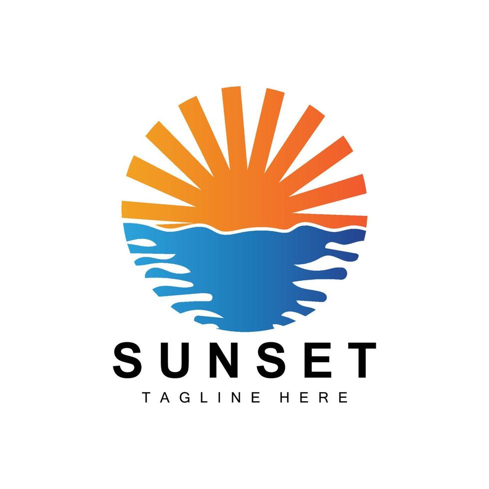 sonnenuntergang strand logo design, meerblick illustration, roter tag urlaubsort vektor