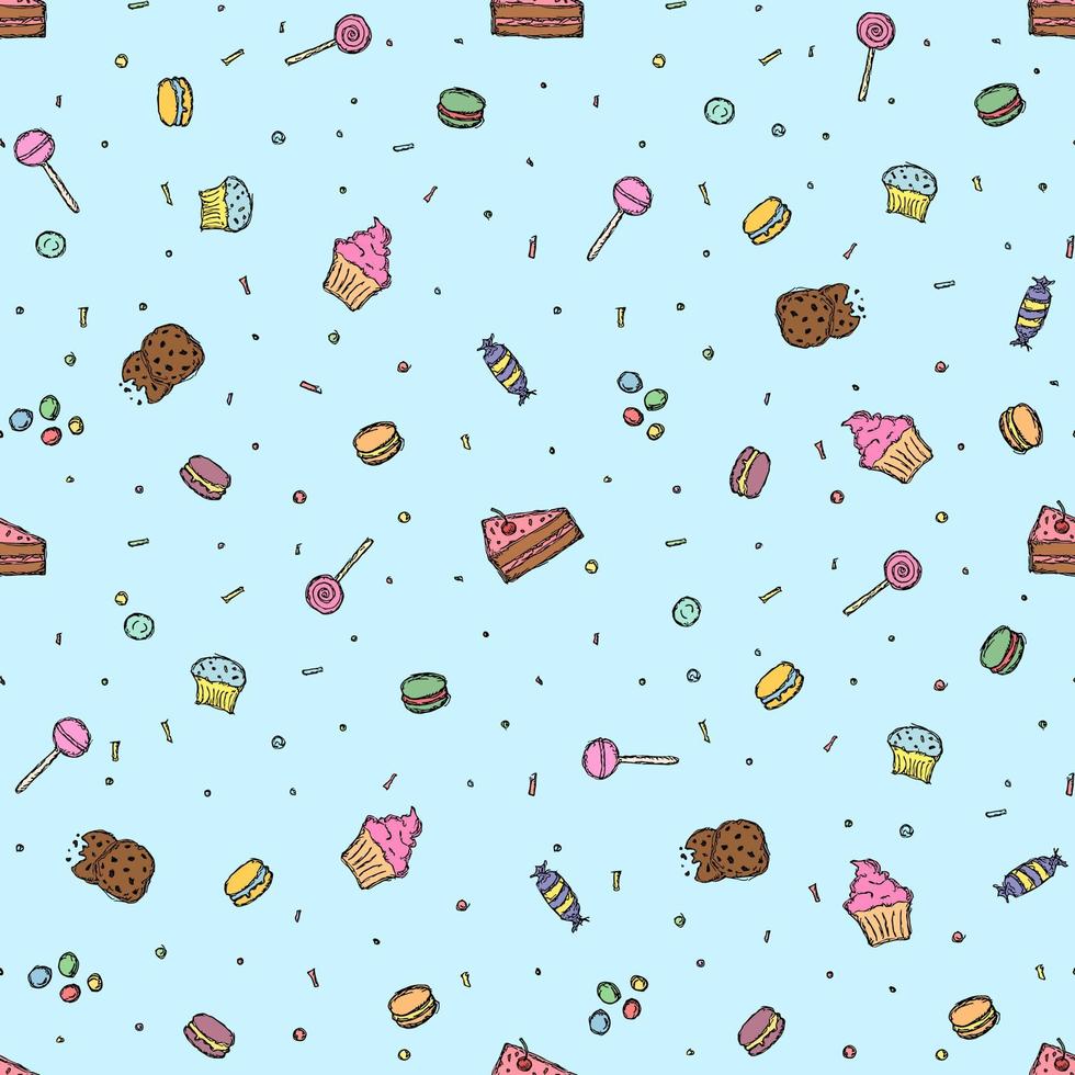 sömlös godis mönster. sötsaker och godis bakgrund. klotter vektor illustration med sötsaker och godis ikoner