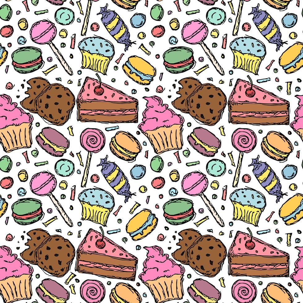 sömlös godis mönster. sötsaker och godis bakgrund. klotter vektor illustration med sötsaker och godis ikoner