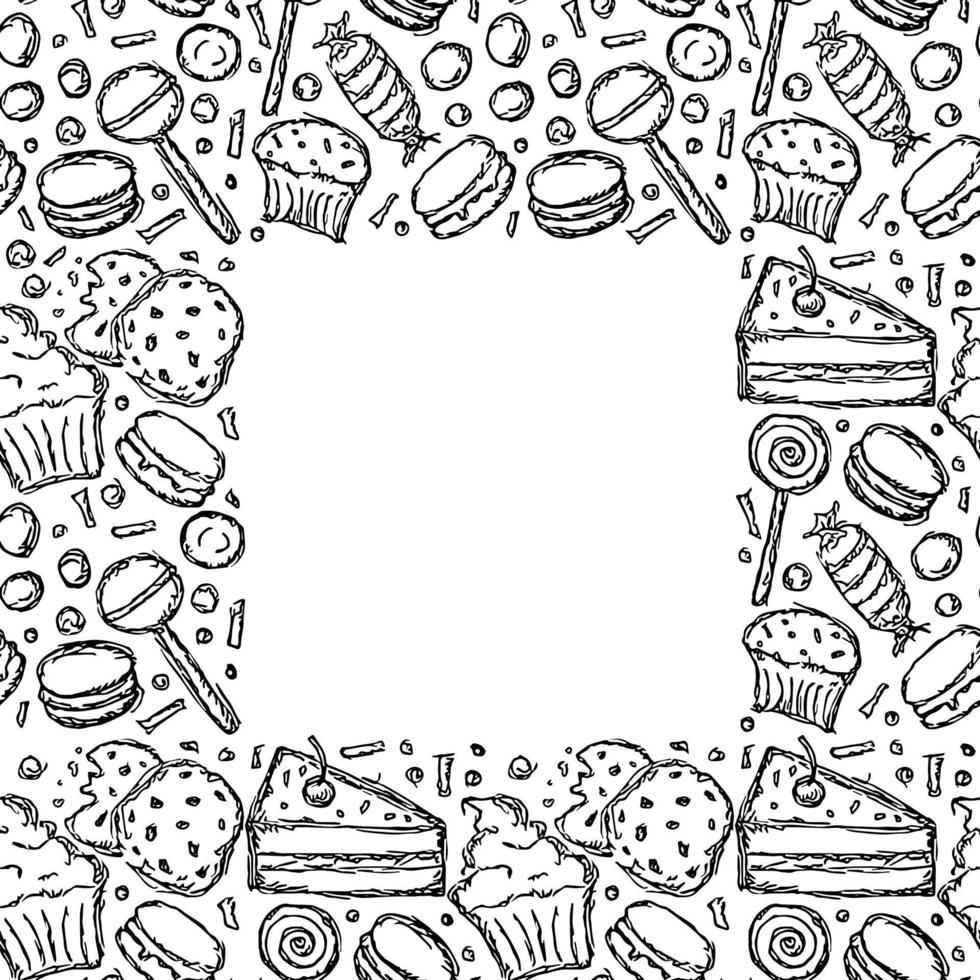 nahtloser Süßigkeitenrahmen mit Platz für Text. Süßigkeiten und Süßigkeiten-Hintergrund. Doodle-Vektor-Illustration mit Süßigkeiten und Süßigkeiten-Symbolen vektor
