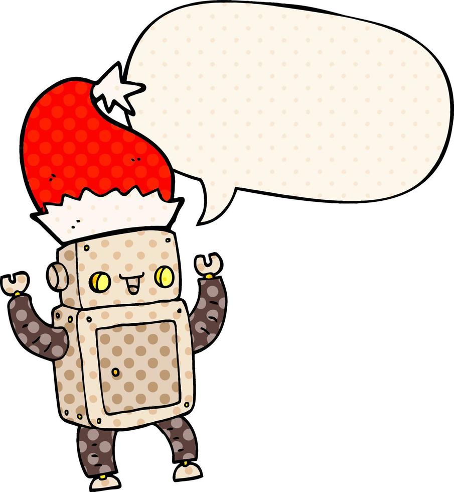 Cartoon-Weihnachtsroboter und Sprechblase im Comic-Stil vektor