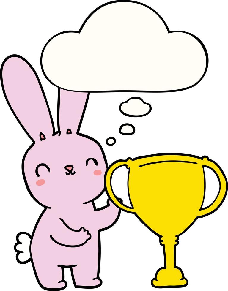 söt tecknad serie kanin med sporter trofén kopp och trodde bubbla vektor