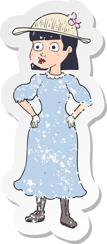 retro bedrövad klistermärke av en tecknad serie kvinna i förnuftiga klänning vektor