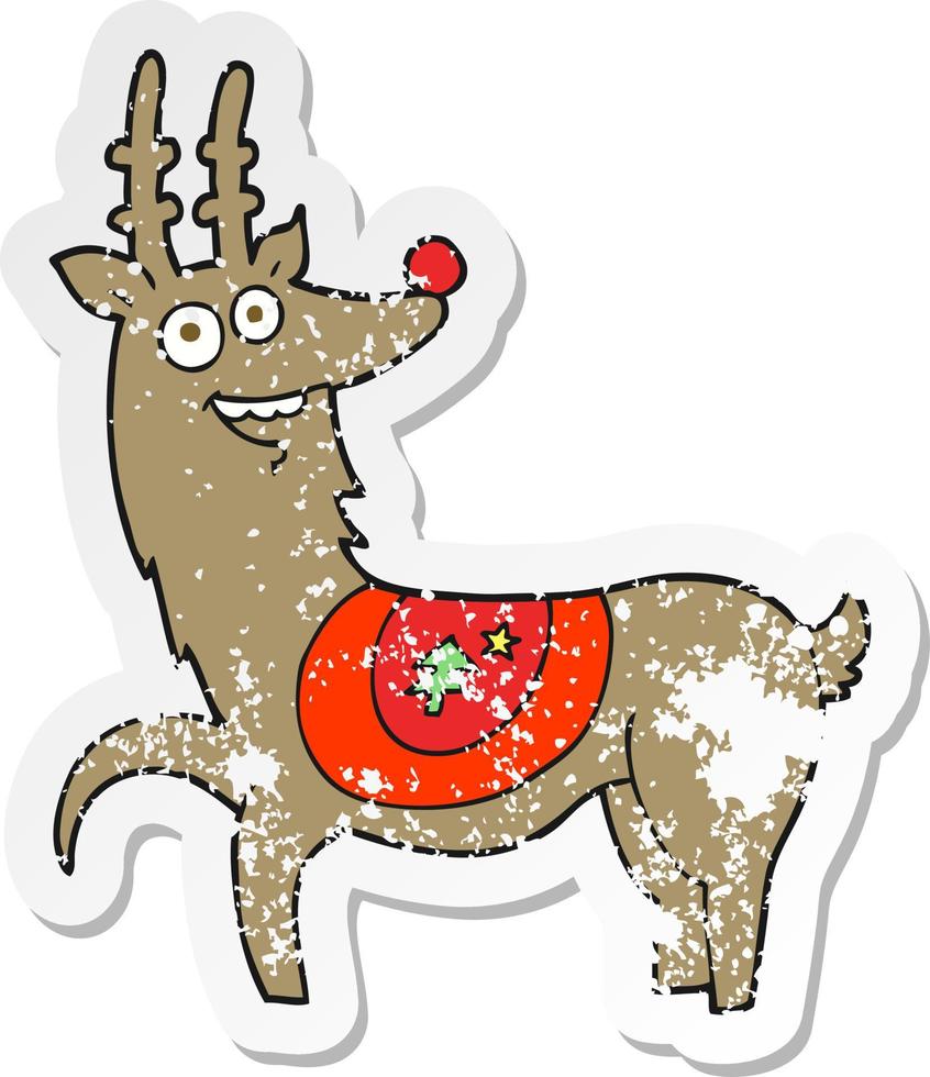 retro bedrövad klistermärke av en tecknad serie jul ren vektor
