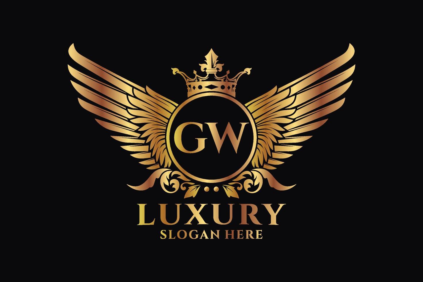luxus königlicher flügelbuchstabe gw wappengoldfarbe logovektor, siegeslogo, wappenlogo, flügellogo, vektorlogovorlage. vektor