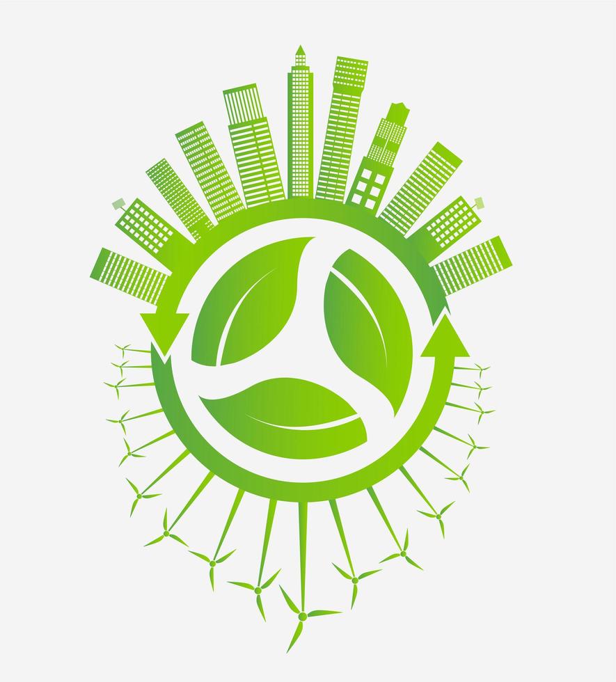 grön ekologi stad och vindkraftverk runt löv vektor