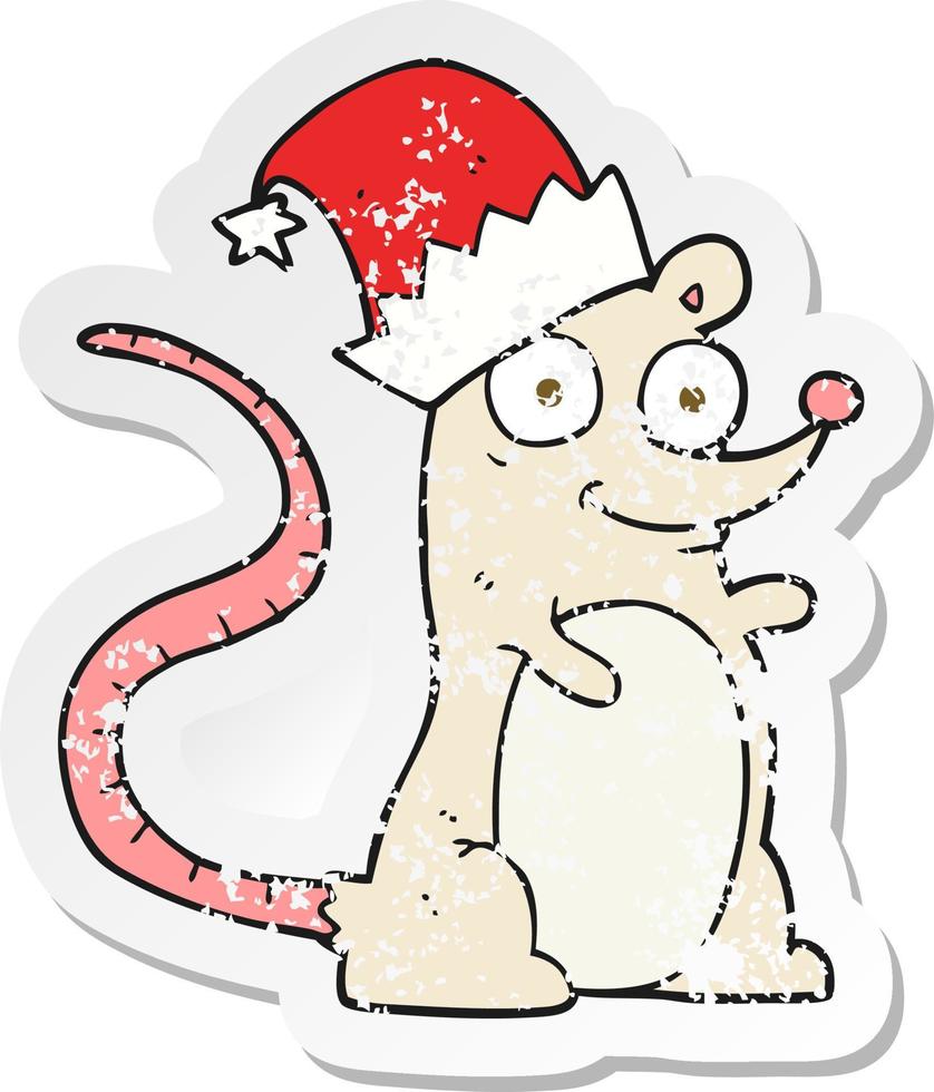 retro bedrövad klistermärke av en tecknad serie mus bär jul hatt vektor