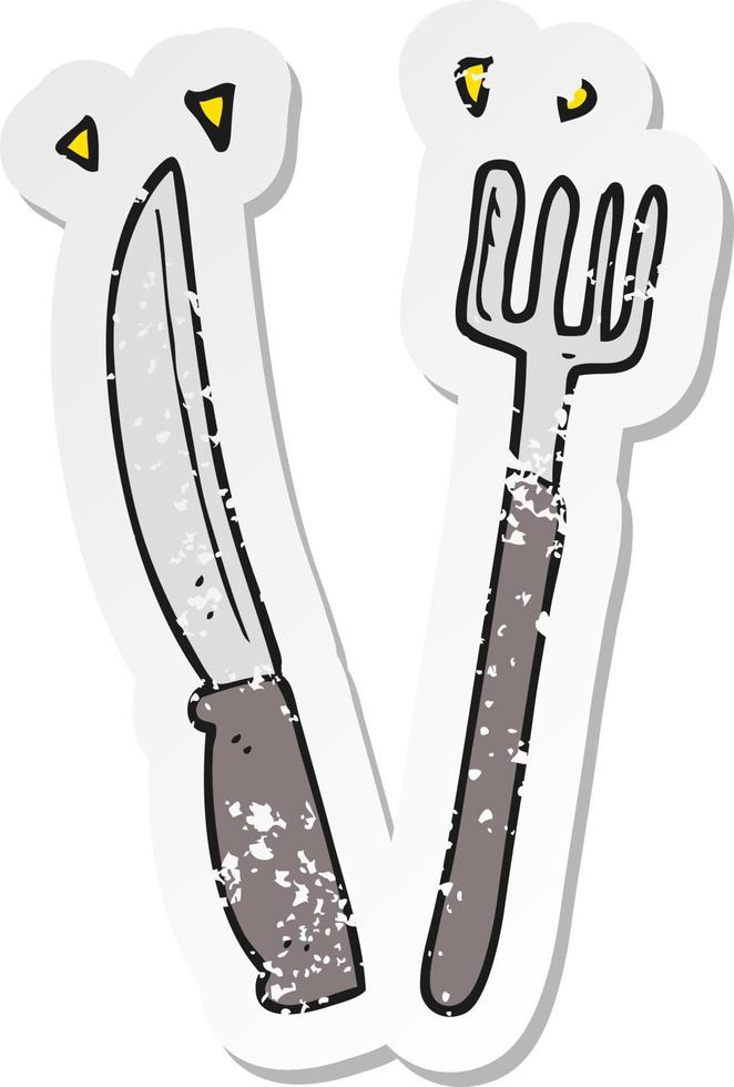 retro bedrövad klistermärke av en tecknad serie kniv och gaffel vektor