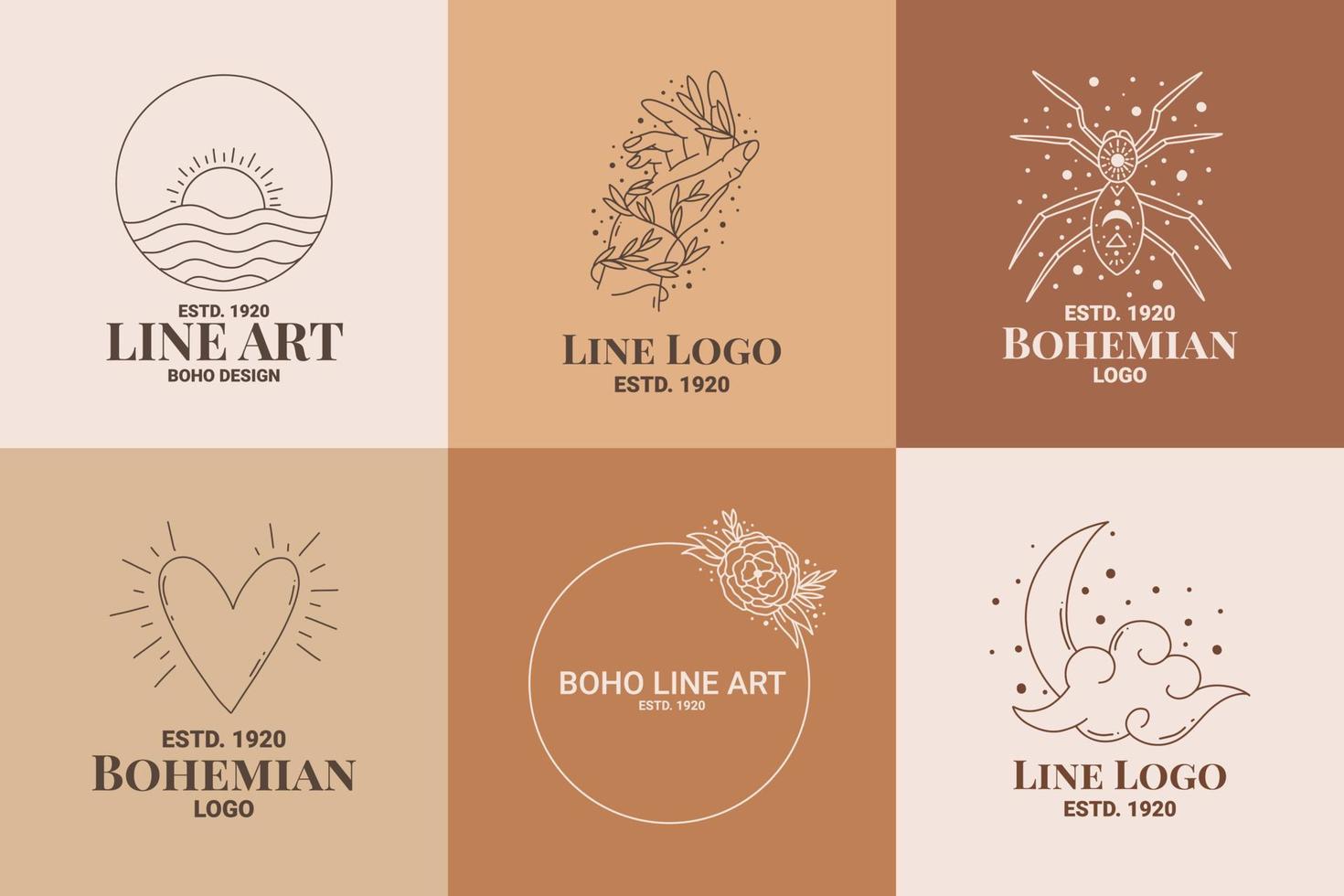 boho mystic doodle esoterisches logo-set. Magic Line Art Icon mit Herz, Spinne, Sonne, Hand, Mond, Kranz vektor