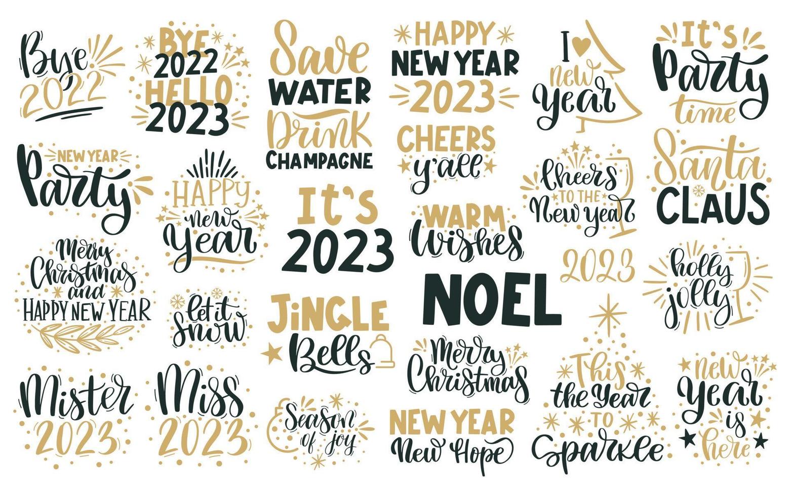 glad jul och Lycklig ny år text. vinter- Semester hälsning kort, xmas citat och fraser illustration uppsättning. typografi samling för banderoller, vykort, hälsning kort, gåvor vektor