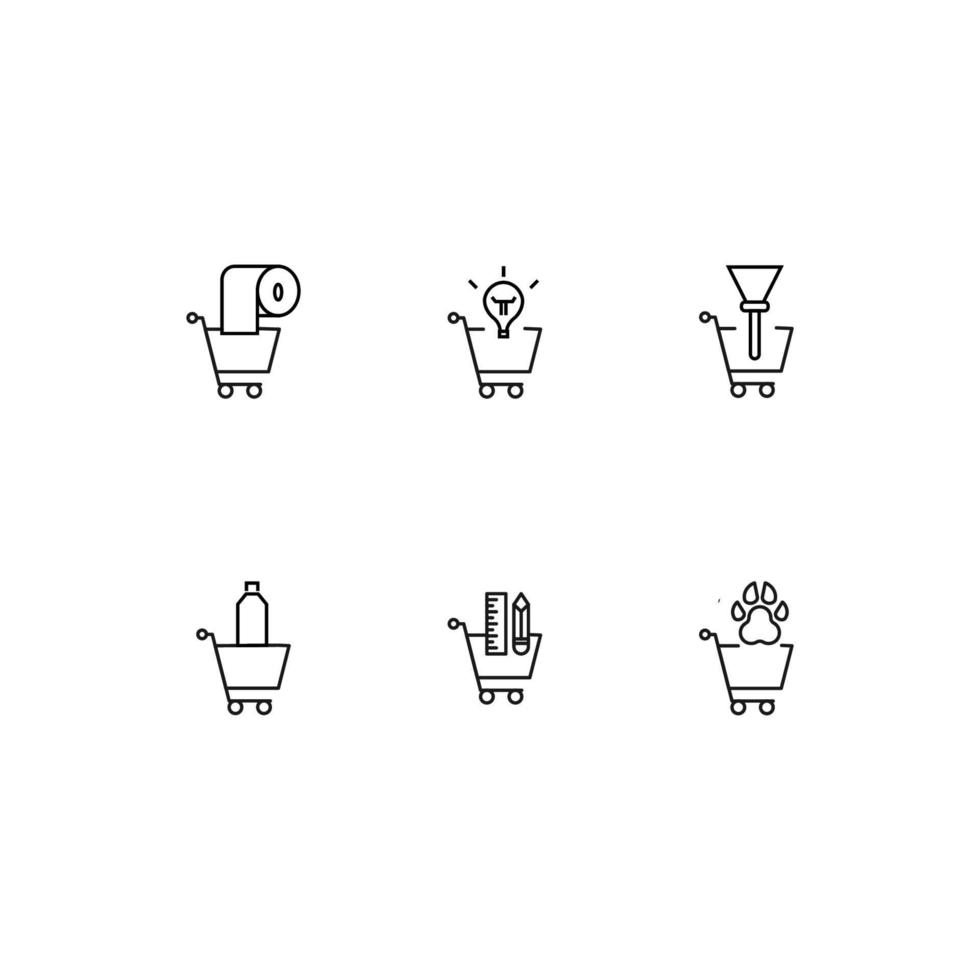 modern svartvit symboler för webb webbplatser, appar, artiklar, butiker, annonser. redigerbar slag. vektor ikon uppsättning med ikon av toalett papper, kvast, lampa, flaska, liner, penna, Tass i handla vagn