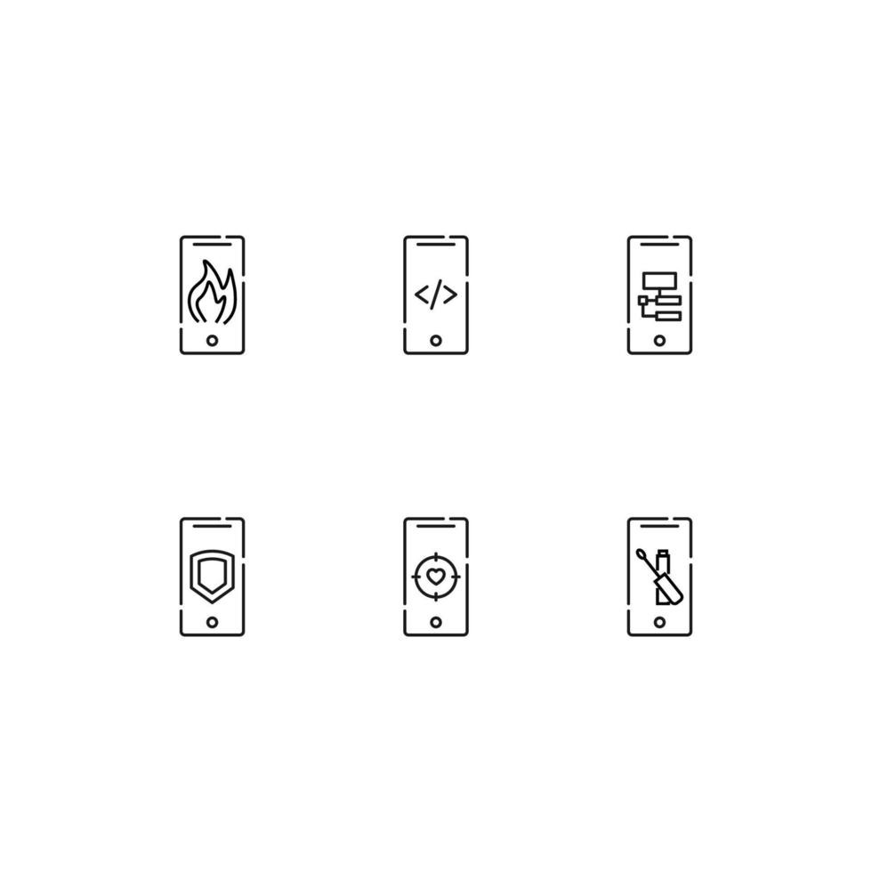 modern svartvit symboler för webb webbplatser, appar, artiklar, butiker, annonser. redigerbar slag. vektor ikon uppsättning med ikon av brand, kodning, algoritm, skydda, hjärta, mascara, läppstift på telefon visa