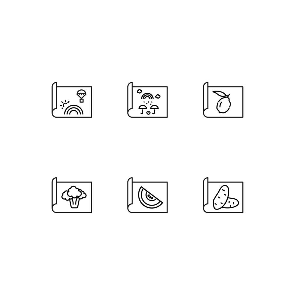 modern svartvit symboler för webb webbplatser, appar, artiklar, butiker, annonser. redigerbar slag. vektor ikon uppsättning med ikon av regnbåge, citron, broccoli, melon, potatis på papper ark