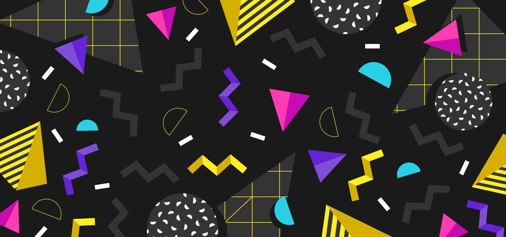 Hintergrund im Stil der 80er Jahre mit bunten geometrischen Formen auf schwarzem Hintergrund vektor