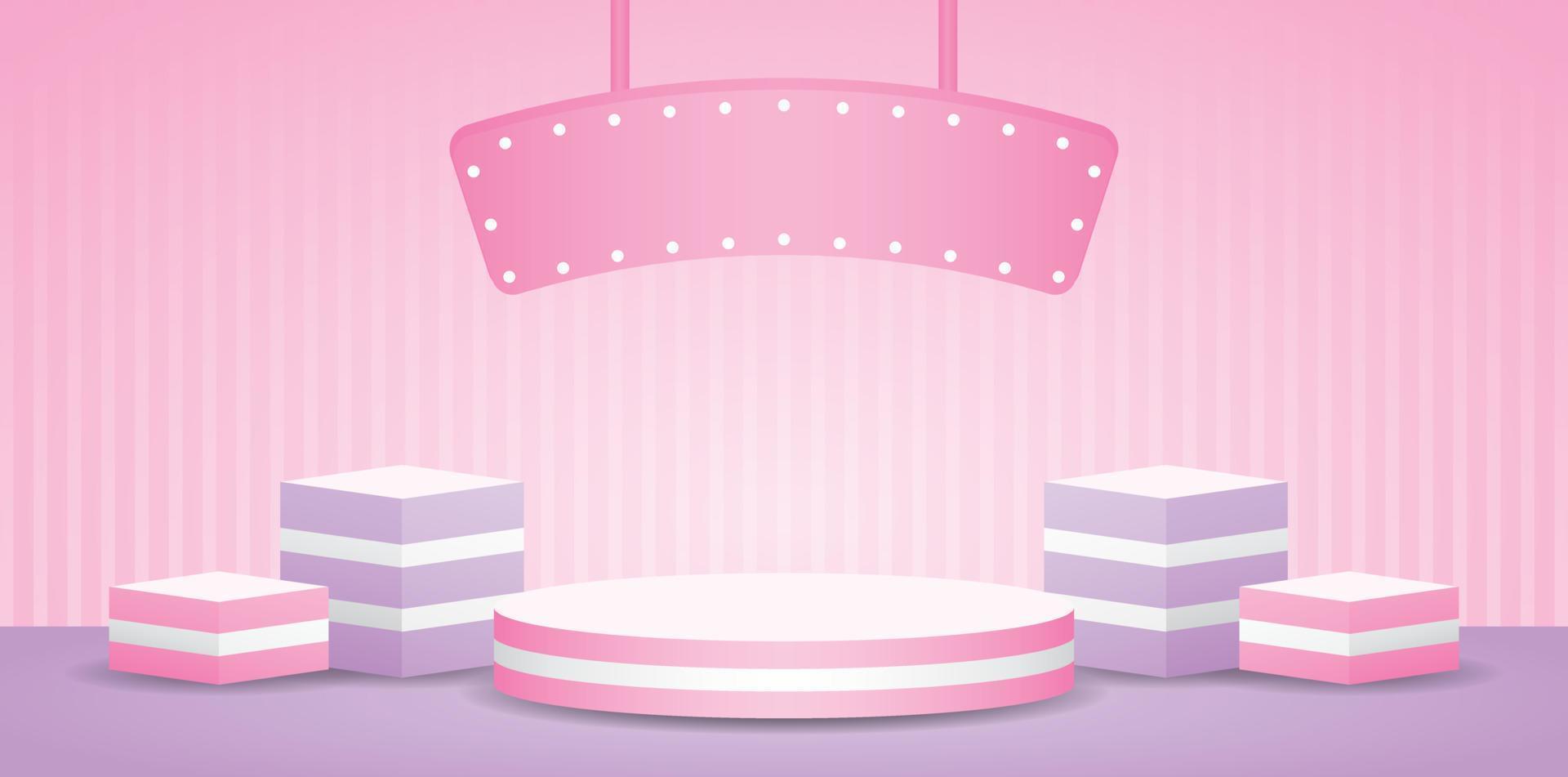söt trendig randig podium visa uppsättning med glödlampa hängande tecken på ljuv pastell rosa vägg och lila golv 3d illustration vektor för sätta skönhet och kosmetisk produkt