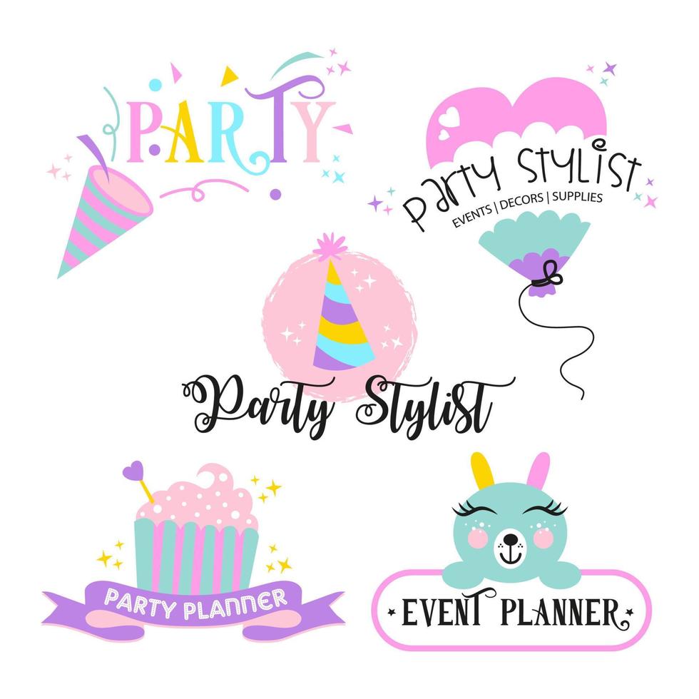 buntes logo-set für partyplaner und partyorganisator vektor