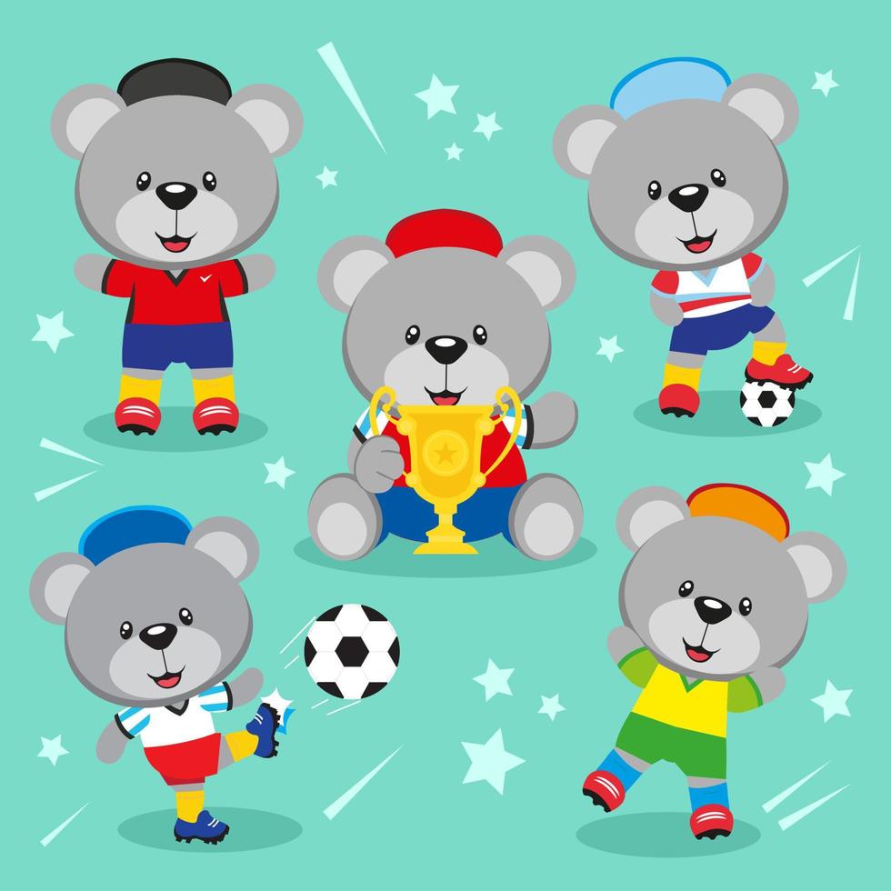 satz der niedlichen teddybär-fußballspielerillustration vektor