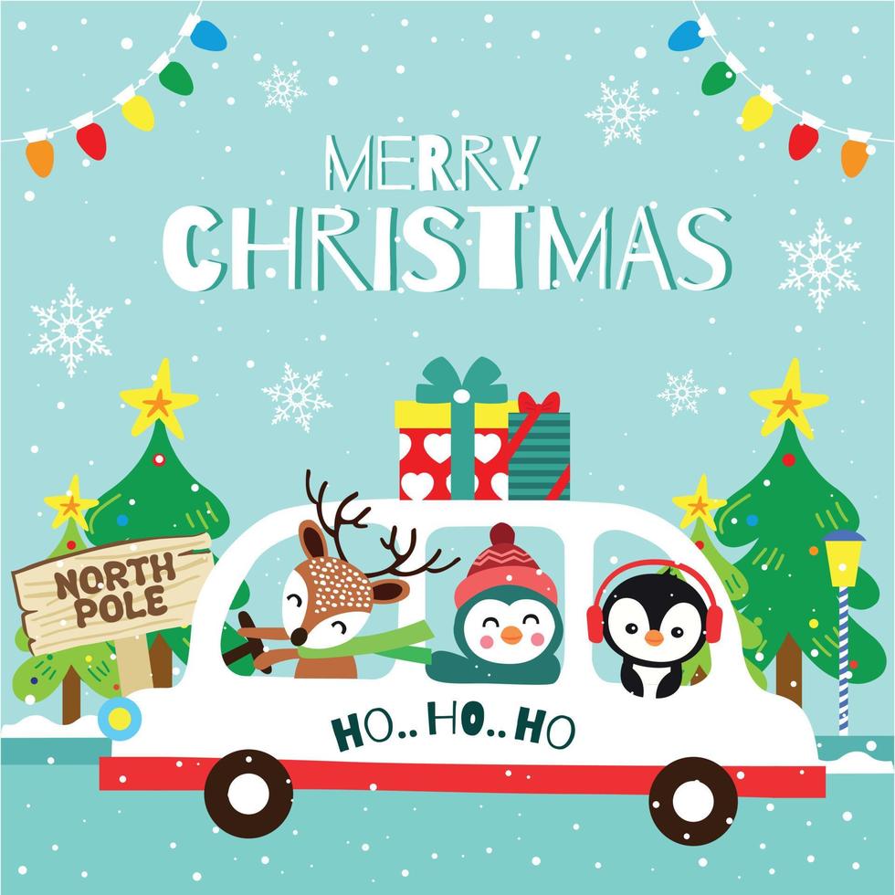 glad jul hälsning kort med ren och vänner på bil vektor