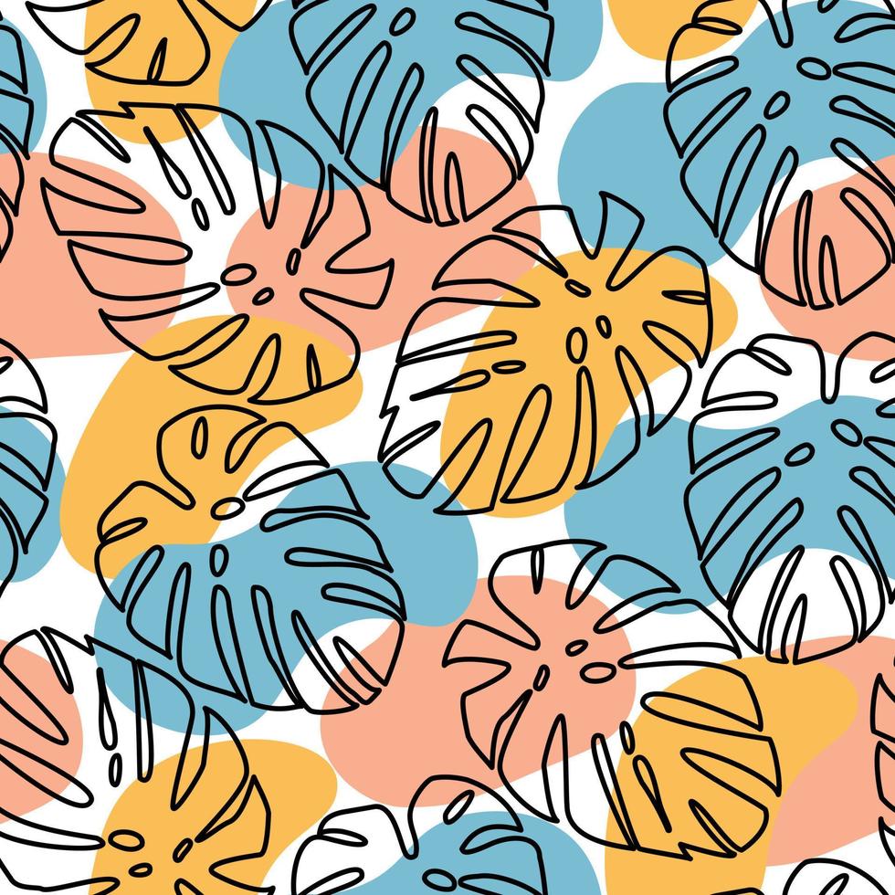 abstraktion från svart konturer av handflatan löv och ritad för hand fläckar av beige, blå och orange pastell färger på en vit bakgrund. sömlös sommar vektor mönster. design element för tyg, omslag.
