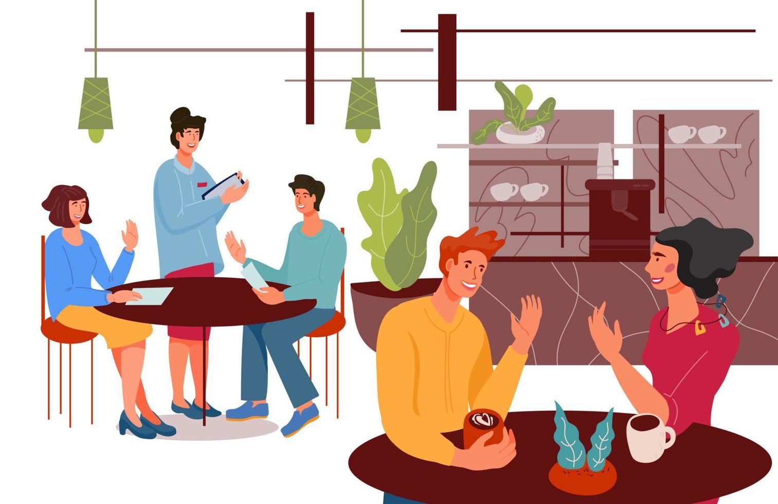 Kunden, die an Tischen in einem Café oder Restaurant sitzen, Vektorflachillustration auf weißem Hintergrund. cafébesucher und kellnerin zeichentrickfiguren. vektor