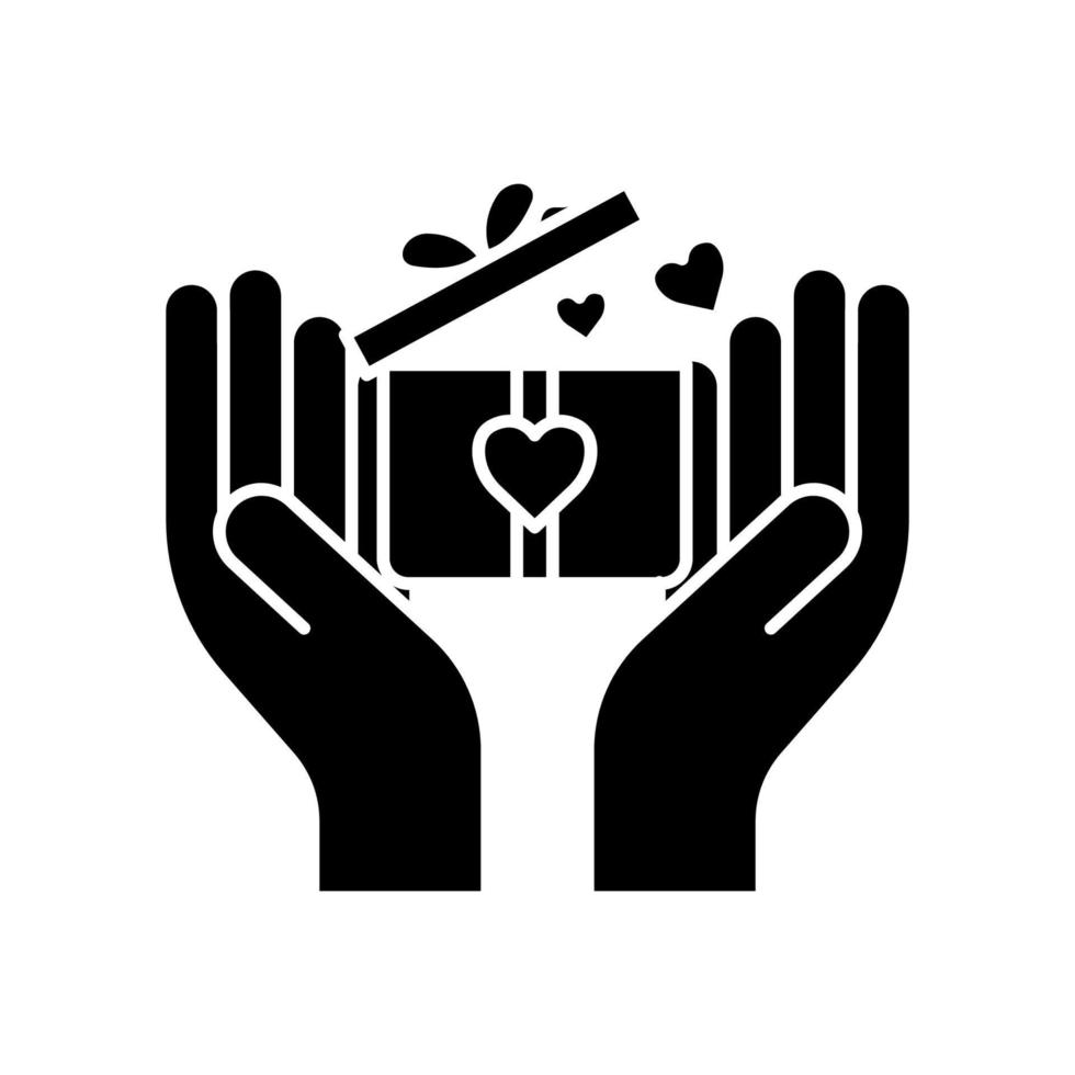 Handsymbol mit Geschenkbox. symbol im zusammenhang mit wohltätigkeit, zuneigung, liebe. Glyphen-Icon-Stil, solide. einfaches Design editierbar vektor