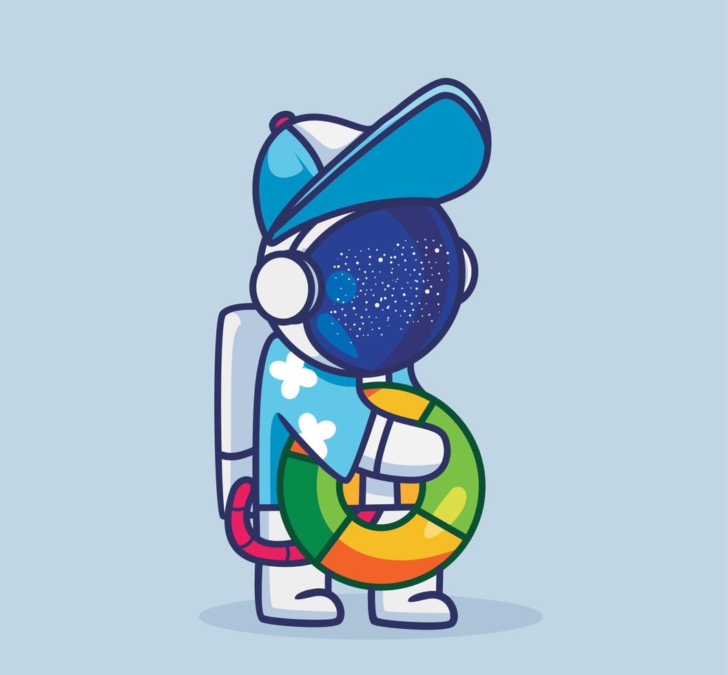 süßer astronaut bringt rettungsringverbot. isolierte illustration des karikaturreiseferienferiensommerkonzeptes. flacher Stil geeignet für Aufkleber-Icon-Design Premium-Logo-Vektor. Maskottchen Charakter vektor